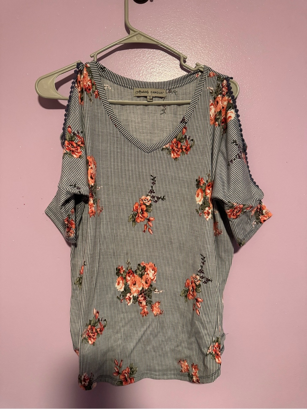 Absolutely Famous Striped Cold-Shoulder V-Neck Top in Gray and Coral Floral